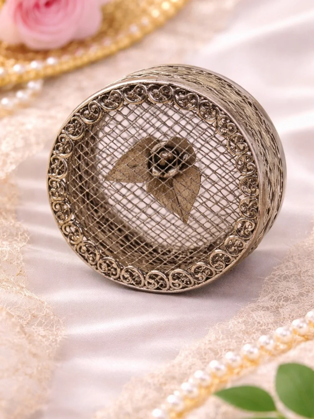 Ornate Round Decorative Jewelry Box in Silver Plated Metal